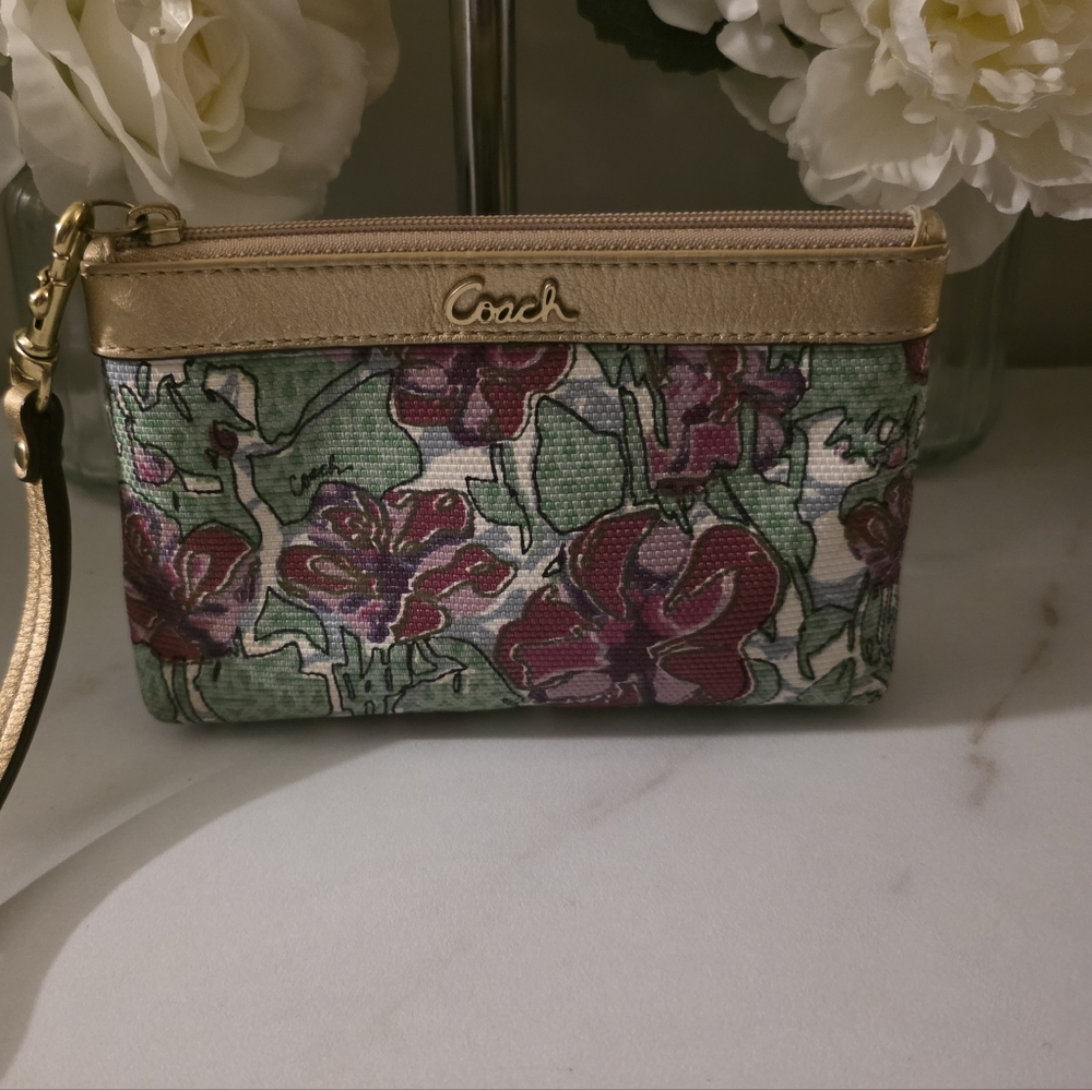 Coach Floral Wristlet - Green and Purple